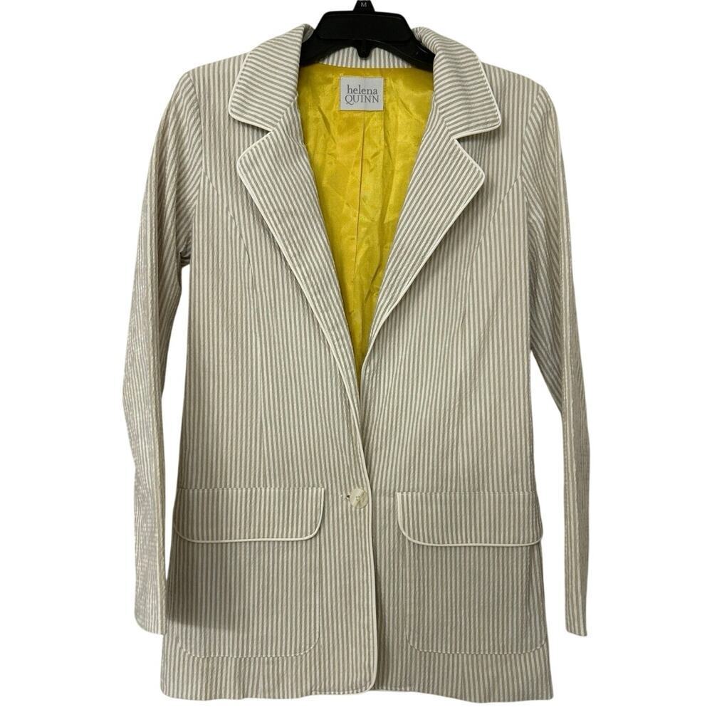Helena Quinn Tan & White Striped Seersucker One Button Long Line Blazer XS New